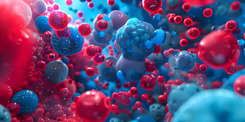   Closeup of abstract microbiological view molecule in red blue color Stem cell  background for  Impeccably Detailed Healthcare And Medical Illustration concept  
