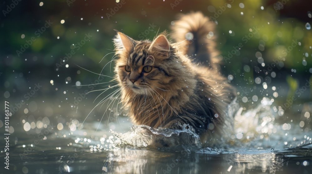 Poster A fluffy feline splashing around in a shallow pool, whiskers twitching with delight.