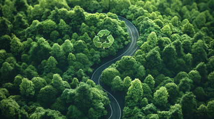 Aerial view of a green forest with a road and a recycling symbol at the top