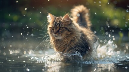A fluffy feline splashing around in a shallow pool, whiskers twitching with delight.