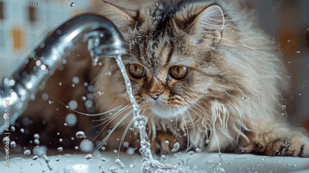 Poster a fluffy persian cat batting at water droplets from a dripping faucet, eyes gleaming with amusement.