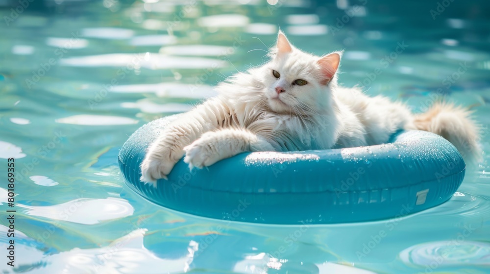 Poster a fluffy white cat lounging on a pool float, enjoying a leisurely day in the sun.