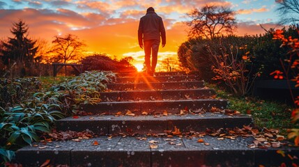 A man walks up a flight of stairs as the sun sets behind him. - Powered by Adobe
