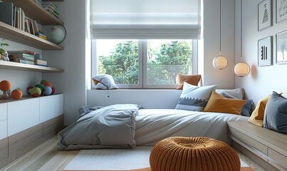 A stylish, well-lit bedroom with modern furnishings and warm neutral tones. Generate AI