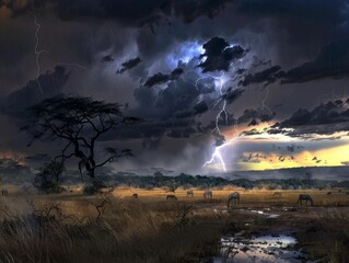 Obraz premium Showcase the drama and anticipation of an approaching storm on the savanna.