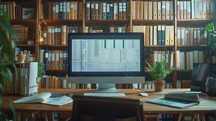 Advanced document management system display on a large monitor, showing digital filing and organization features.