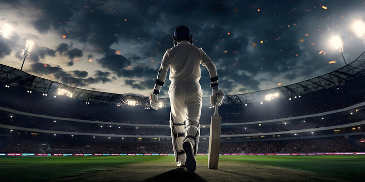 Cricket Player batsman walking towards pitch in cricket stadium