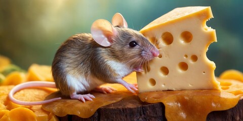 Cute little mouse with cheese on wooden table, closeup view.