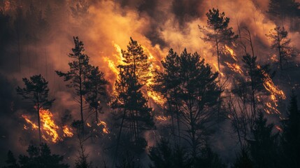 A forest fire spreading rapidly through the treetops, fueled by dry conditions and strong winds.