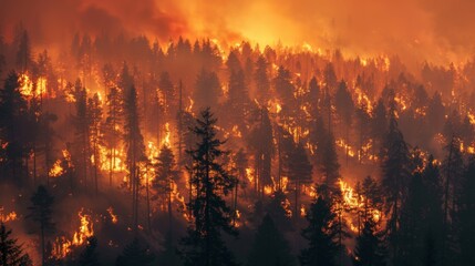 A forest fire spreading rapidly through the treetops, fueled by dry conditions and strong winds.