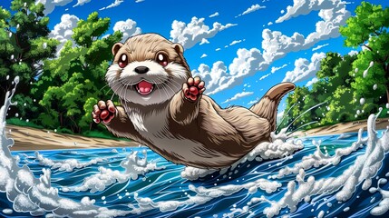 A happy cartoon otter jumping out of the water.