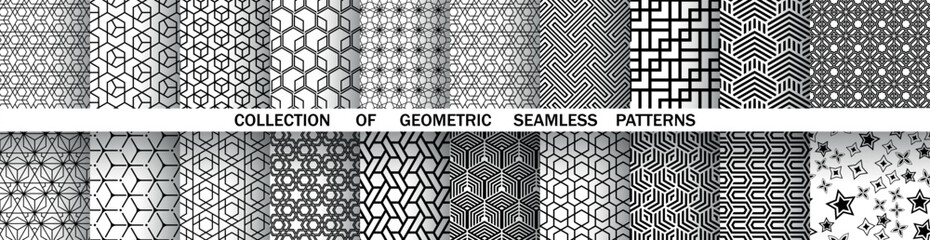 Geometric set of seamless black and white patterns. Simple vector graphics.