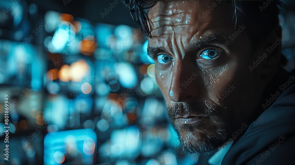 Poster Close-up of a security analyst monitoring real-time data on cyber threats, multiple screens in a dark surveillance room.