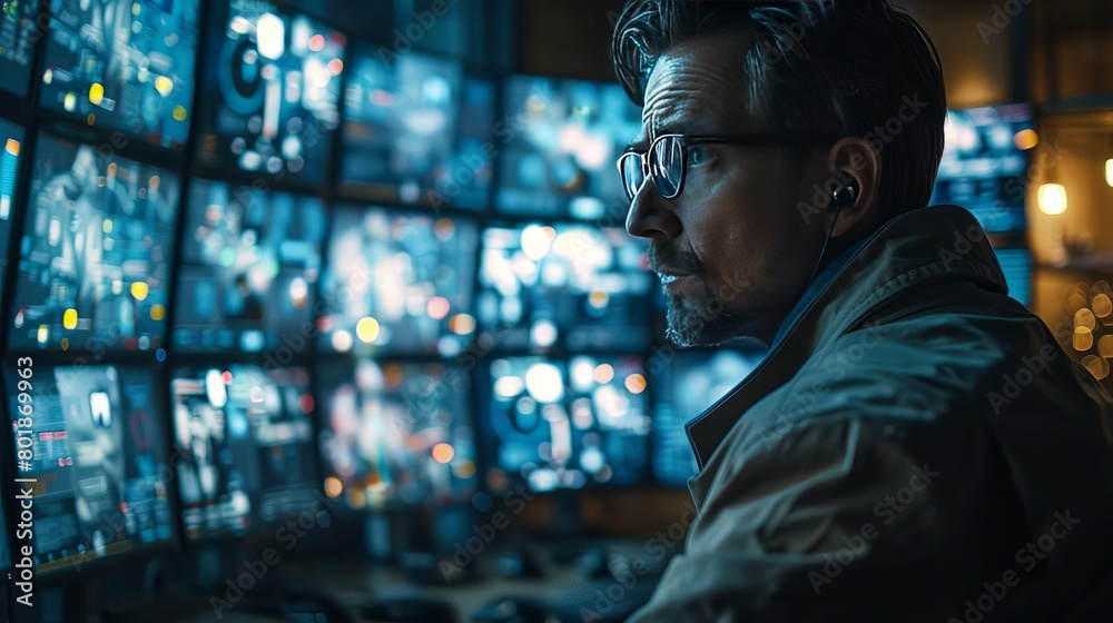 Poster Close-up of a security analyst monitoring real-time data on cyber threats, multiple screens in a dark surveillance room.
