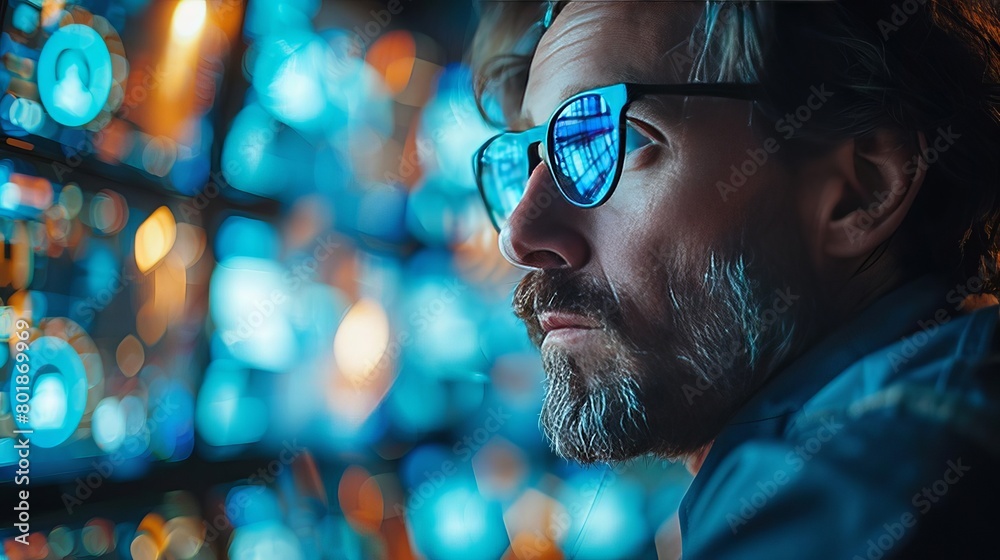 Poster Close-up of a security analyst monitoring real-time data on cyber threats, multiple screens in a dark surveillance room.
