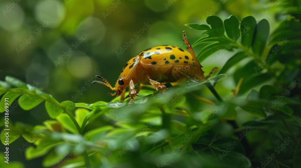 Poster a golden tortoise beetle in a moment of stillness, captured in a serene close-up against a backdrop 