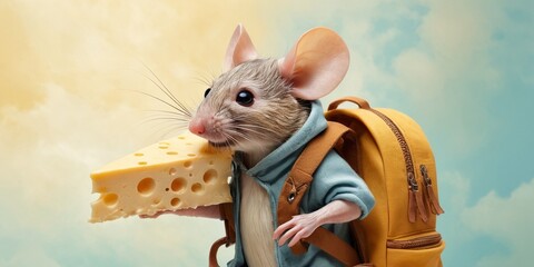 Cute little mouse with a big piece of cheese in his backpack.