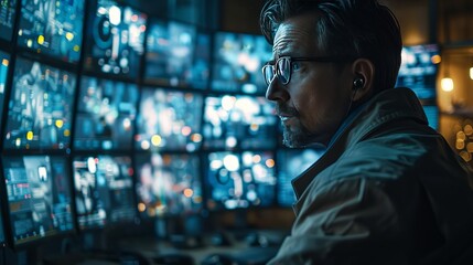 Obraz premium Close-up of a security analyst monitoring real-time data on cyber threats, multiple screens in a dark surveillance room.