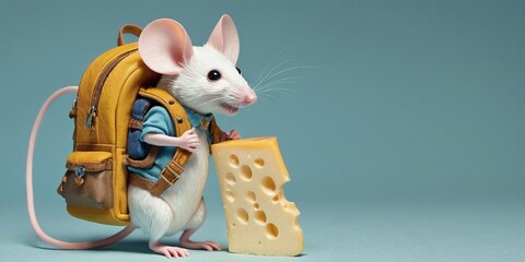 White mouse with a backpack and cheese on a blue background. Copy space.