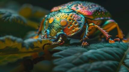 A golden tortoise beetle munching on a leaf, its iridescent shell catching the light as it feeds on the foliage. - obrazy, fototapety, plakaty