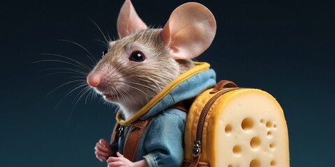 Rat with cheese and backpack on a dark background. close-up.