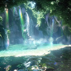 Secluded cove crowned by a waterfall creating prisms and rainbow mist as water cascades down