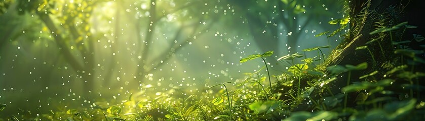 Enchanted forest with a verdant glow, morning dew sparkling on every leaf and branch