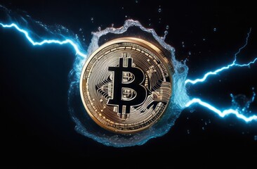 Dark, night abstract fantasy landscape, bitcoin and lightning. Underwater shooting, Bitcoin ETF coin with yellow lightning with space for text on a background. Reflection of BTC in water, sea, ocean