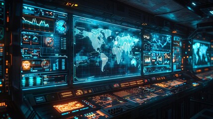 Global network operations center with a world map displaying real-time data connections across continents.