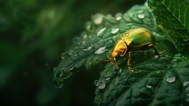 A golden tortoise beetle navigating its way across a green leaf, its metallic body contrasting beautifully against the foliage.