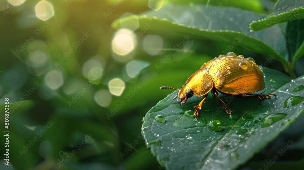 Poster a golden tortoise beetle resting peacefully on a leaf, its metallic shell reflecting the surrounding