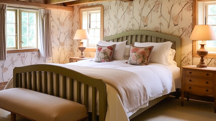 Farmhouse bedroom decor, interior design and home decor, bed with country bedding and furniture, English countryside house, holiday rental and cottage style inspiration