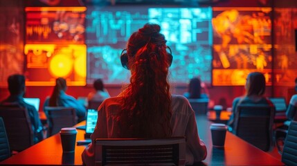 Cybersecurity team conducting a live demonstration of hacking prevention techniques, audience observing on a large projector.