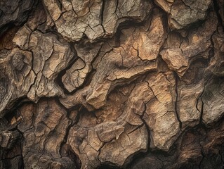 A detailed view of the rugged and cracked surface of tree bark.