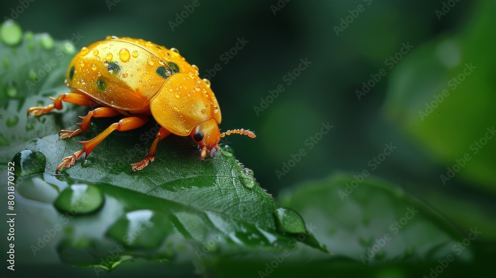 Poster a golden tortoise beetle resting peacefully on a leaf, its metallic shell reflecting the surrounding