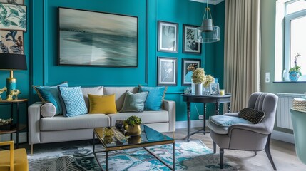 Fresh and youthful teal living room, perfect for a young person looking for a stylish yet serene space to relax and entertain