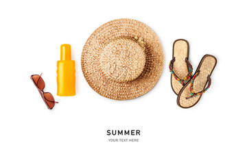 Straw hat, sunglasses, flip flop, sunscreen isolated on white background.