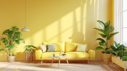 Fresh and youthful living room setup in soft yellow, combining modern aesthetics with functionality, perfect for promoting a positive mood