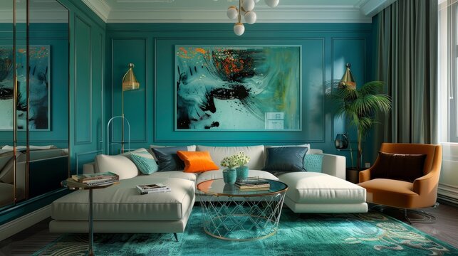 Fresh and youthful teal living room, perfect for a young person looking for a stylish yet serene space to relax and entertain