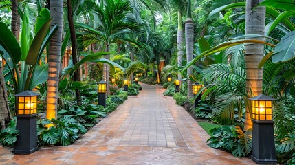 A stone path winds through a lush tropical garden with palm trees and other greenery.
