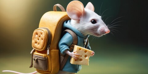 White mouse with cheese and backpack on green background, close-up.