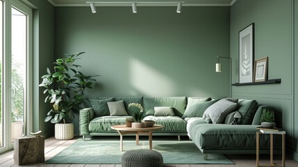 Fresh and calming sage green living room, tailored for young people, featuring a smart layout that promotes concentration and relaxation