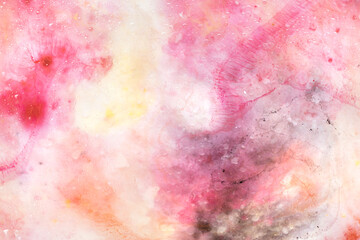 Abstract art with pink, red and yellow watercolour splashes and dots for creative background or wallpaper macro