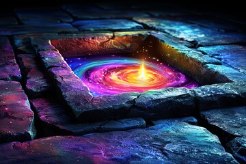 A portal to another galaxy, A mystical portal with swirling colors of pink and blue glowing vividly between ancient stone pavement. - obrazy, fototapety, plakaty
