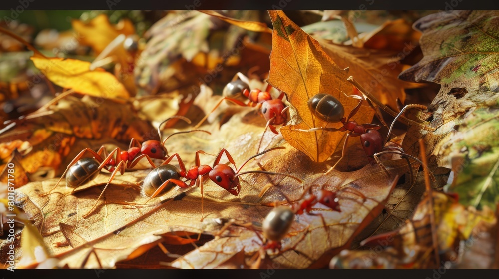 Poster a group of red ants foraging for food amidst fallen leaves, showcasing their efficient teamwork.