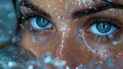 water splashing onto eyes, in the style of Black background, high detailed, dynamic and action-packed, high resolution.