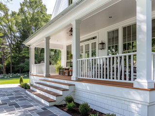 Modern beach coastal veranda front entrance porch steps balcony white paint natural timber wood deck lux Hamptons luxury patio house resort vibes contemporary Cape Cod summer home outdoor living 