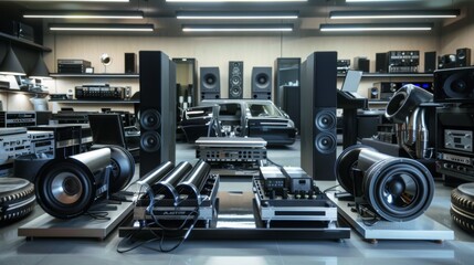 A lineup of high-end car audio components including speakers, subwoofers, and amplifiers, showcasing options for premium sound customization.
