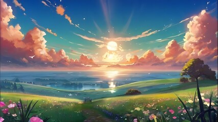 Fototapeta premium Anime fantasy wallpaper background concept : Dramatic colors fill the sky at dusk as the summer sun dips below the horizon of a green field, generative ai