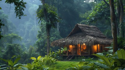 A rustic hut nestled deep in a lush jungle